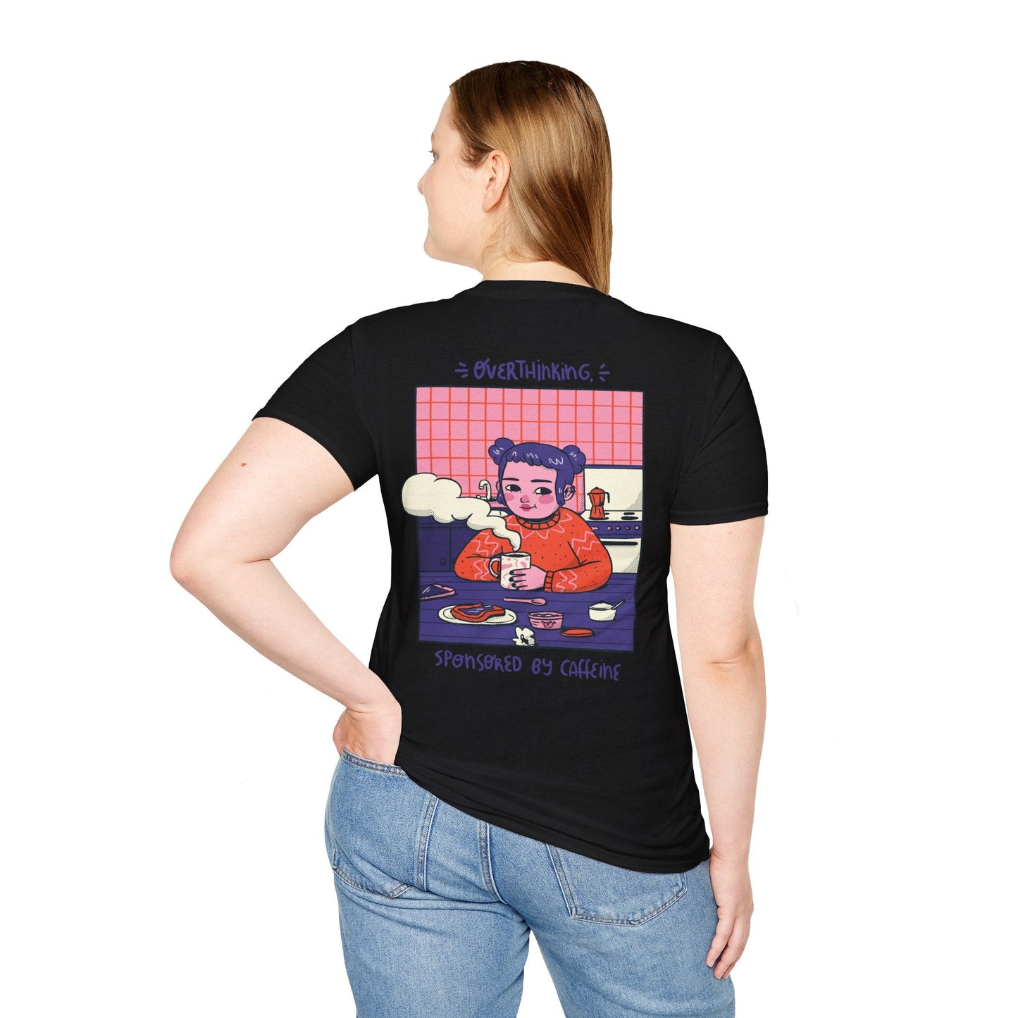 Overthinking sponsored by caffeine - Cozy at Home - Unisex T-Shirt - Back Print-2