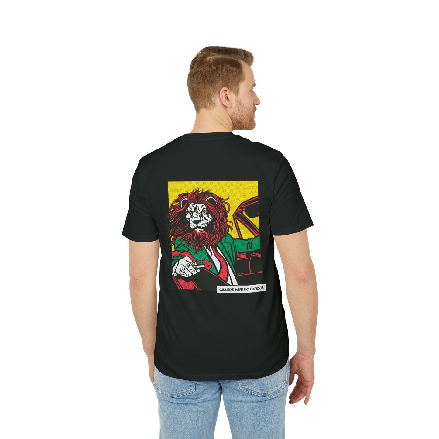 Boss Lion in Car - Comic Mafia - Premium Bio Unisex T-Shirt - Back Print-4