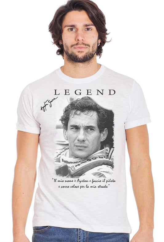 The Legend Ayrton Senna con la Sua Firma Art. 11001 T-Shirt Urban Men Uomo 100% Cotone Fiammato BS