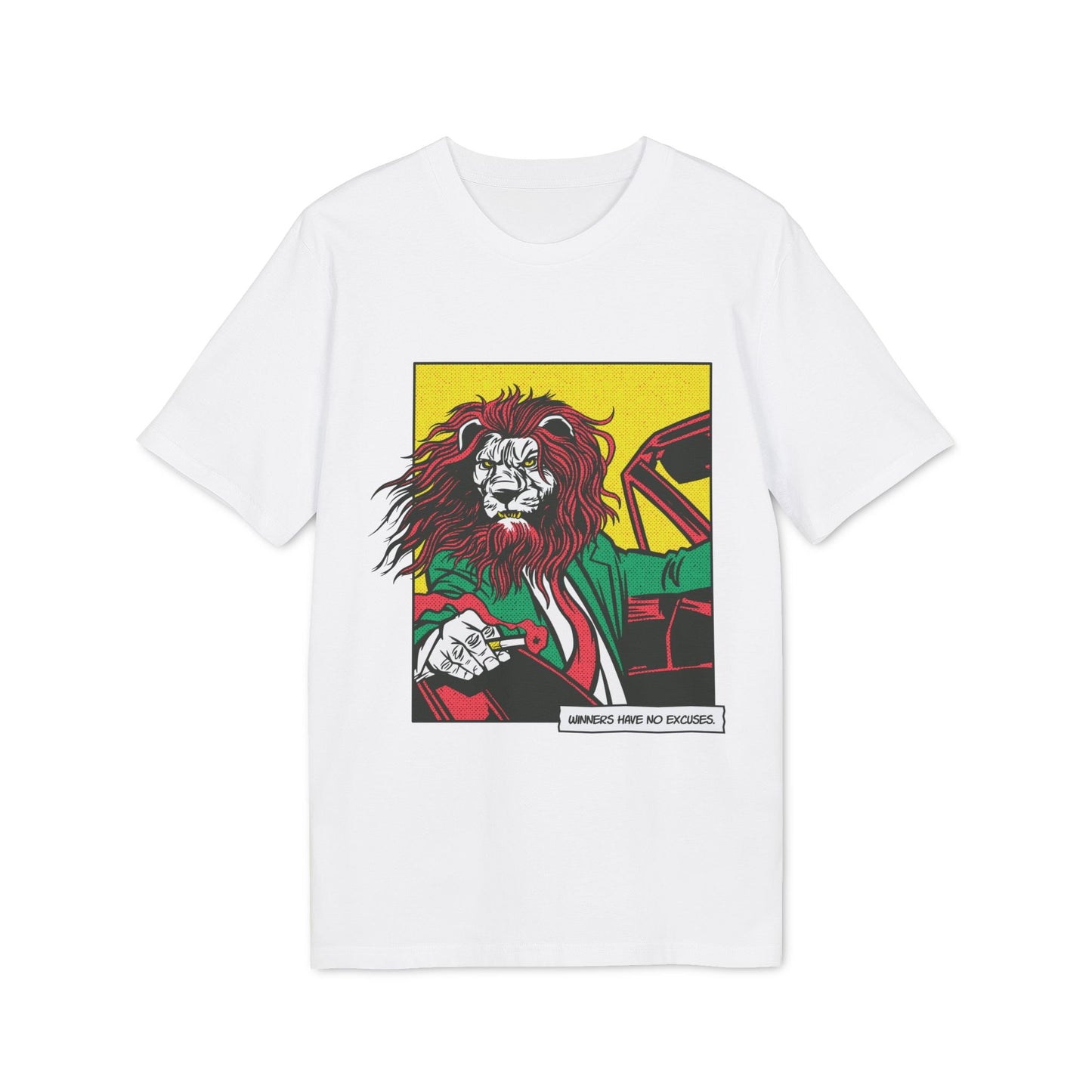 Boss Lion in Car - Comic Mafia - Premium Bio Unisex T-Shirt - Front Print-6
