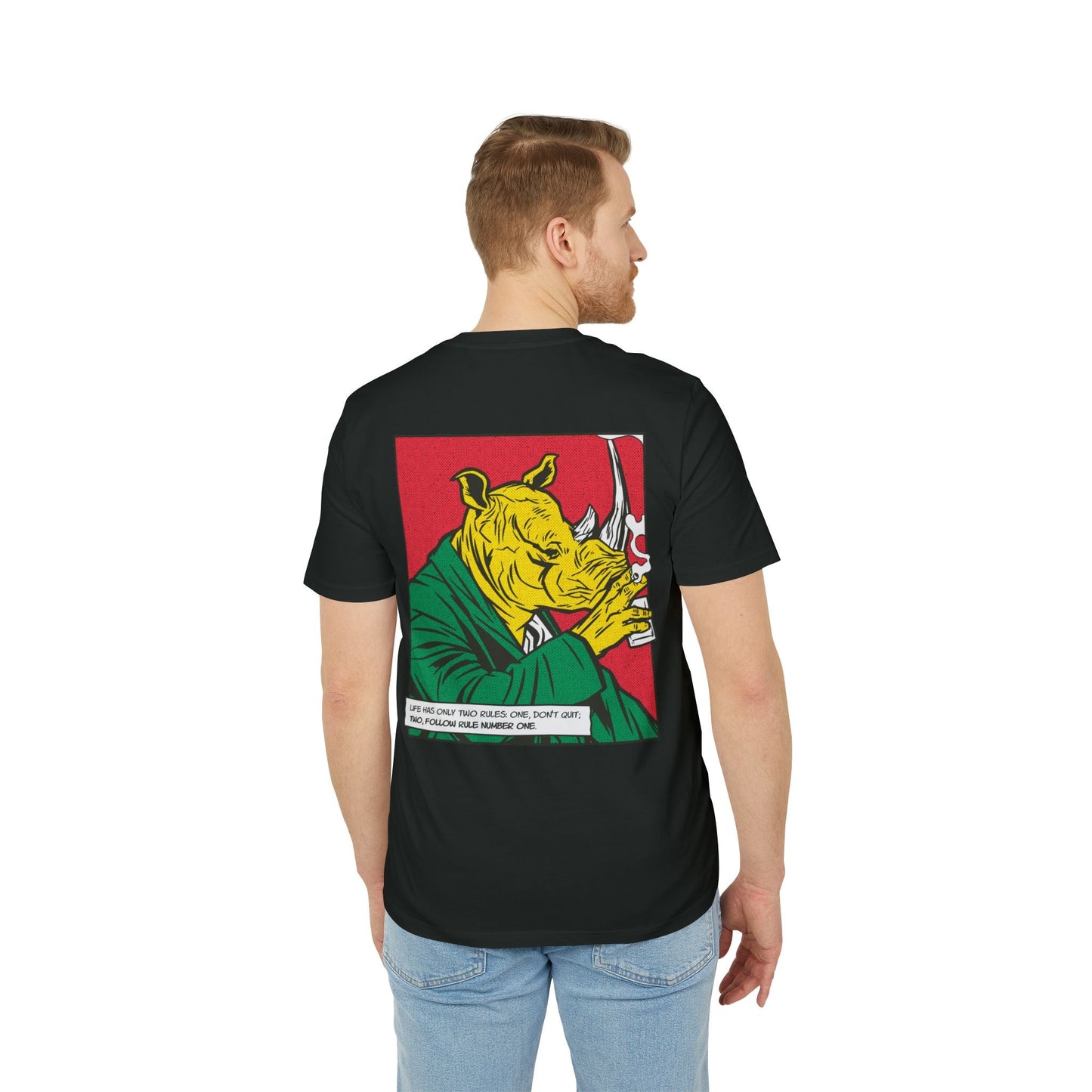 Rhinoceros drinking Whiskey - Comic Mafia - Premium Bio Unisex T-Shirt - Back Print-4