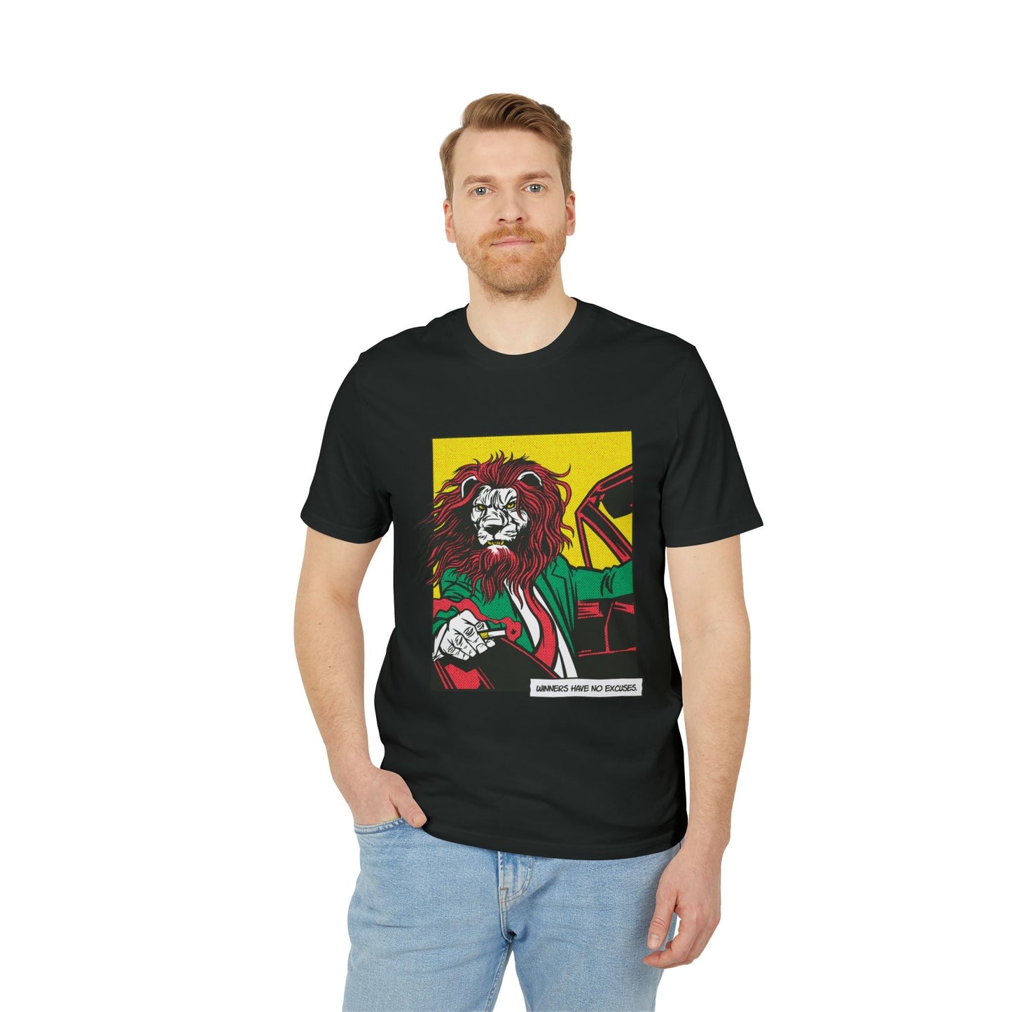 Boss Lion in Car - Comic Mafia - Premium Bio Unisex T-Shirt - Front Print-4