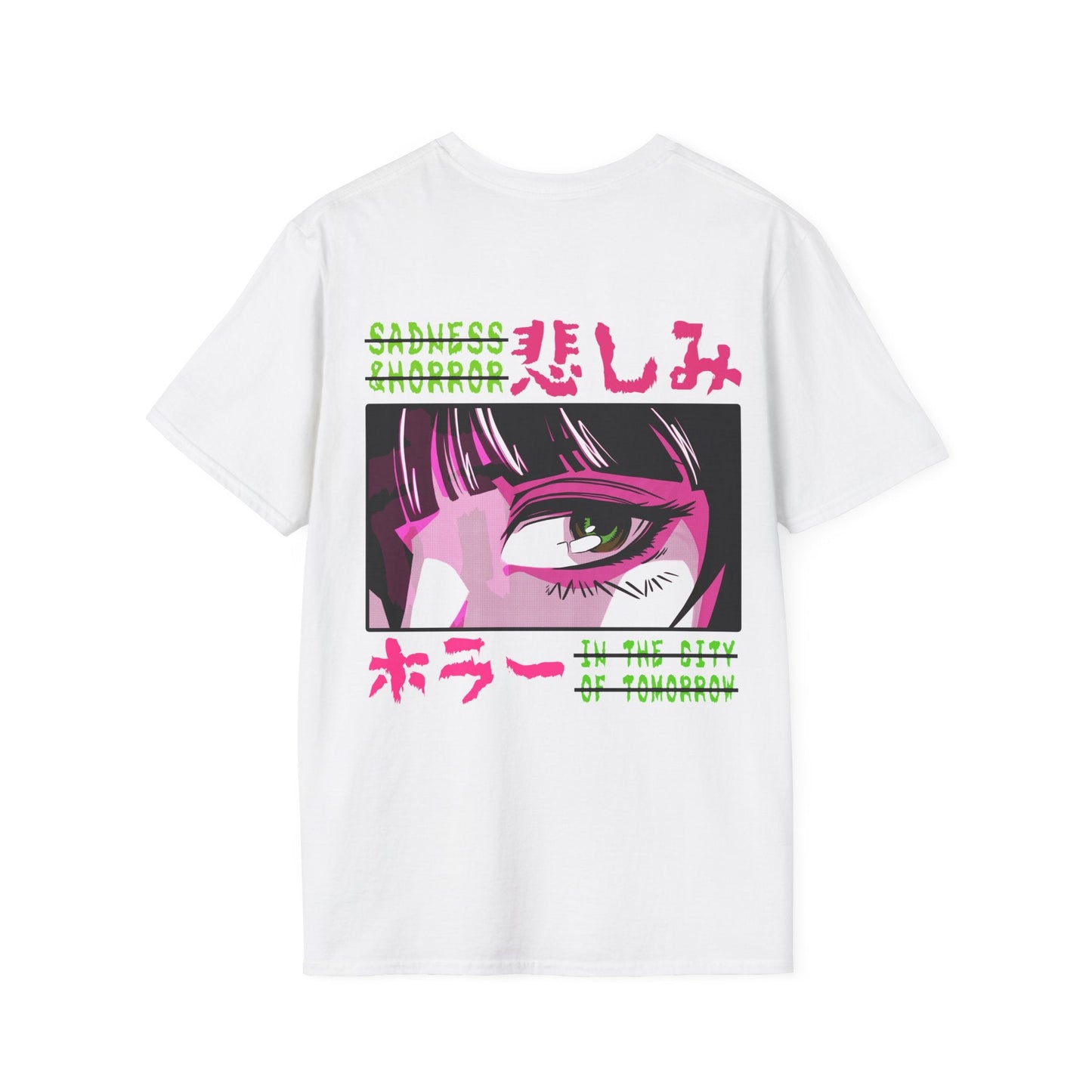 Sagness & Horror In the City of tomorrow - Anime World - Unisex T-Shirt - Back Print-3