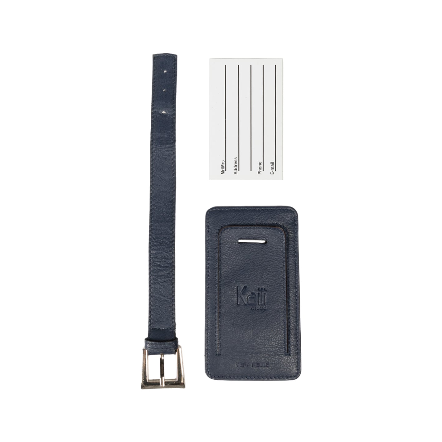 K0006DB | Luggage tag in genuine full grain leather with light grain. Blue colour. Adjustable strap. Dimensions: 12 x 6.5 x 1 cm - Packaging: Rigid bottom/lid gift box-1