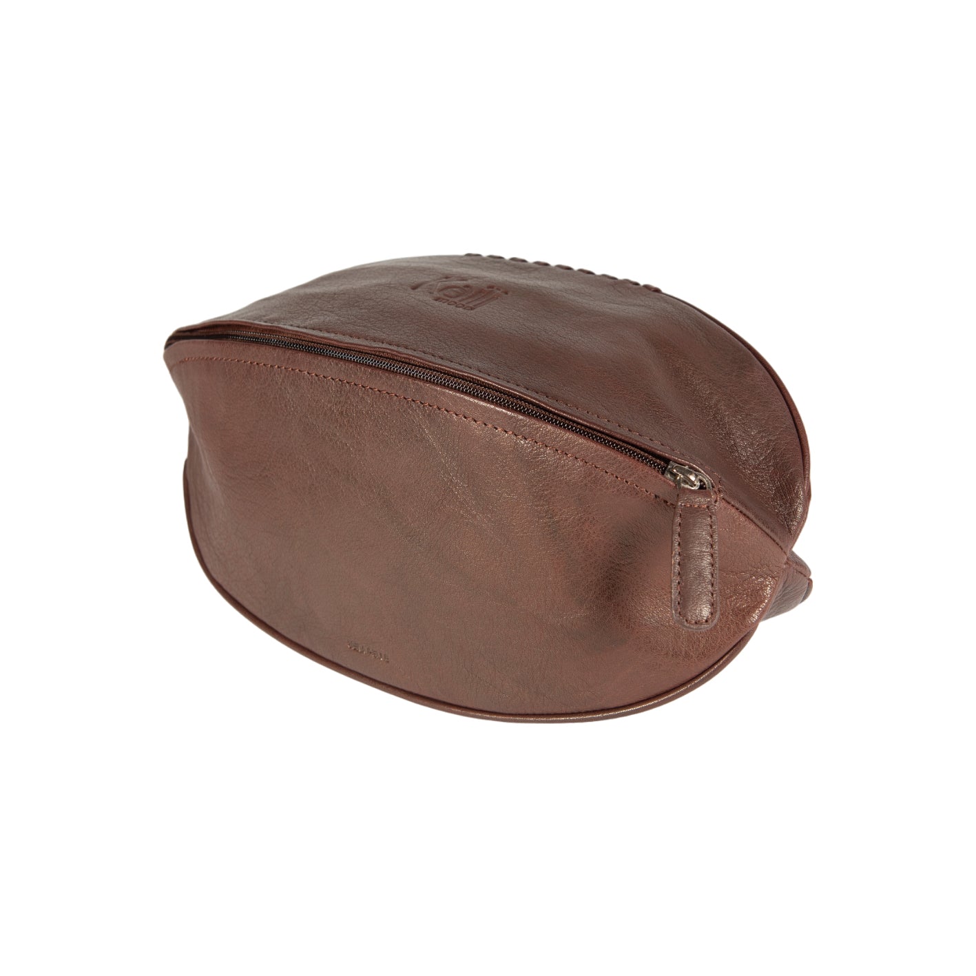 K0011BB | Beauty Case "Palla da Rugby" in Vera Pelle - Colore: Testa Moro - Elastico interno ferma flaconi - Chiusura con lampo - Dimensioni: cm 35 x 14 x 14- Confezione: Sacchetto Tnt-0