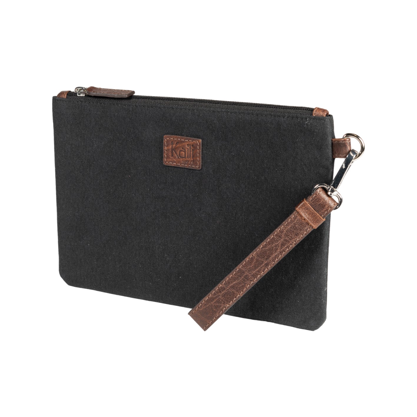 K0027AB | Wrist Bag in Canvas/Genuine Volanata Full Grain Leather - Black/Dark Brown Color - Polished Nickel Accessories. Dimensions: 25.5 x 17.5 x 1 cm - Packaging: TNT bag-1