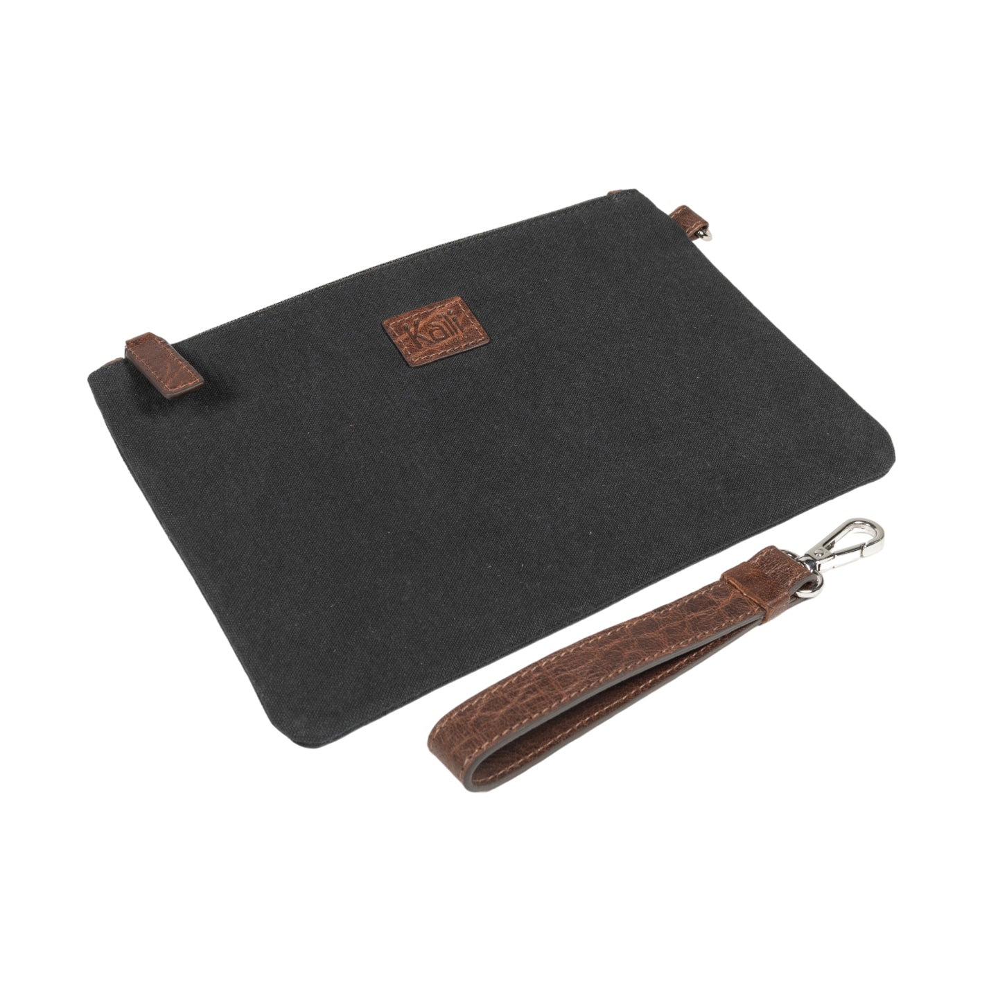 K0027AB | Wrist Bag in Canvas/Genuine Volanata Full Grain Leather - Black/Dark Brown Color - Polished Nickel Accessories. Dimensions: 25.5 x 17.5 x 1 cm - Packaging: TNT bag-3
