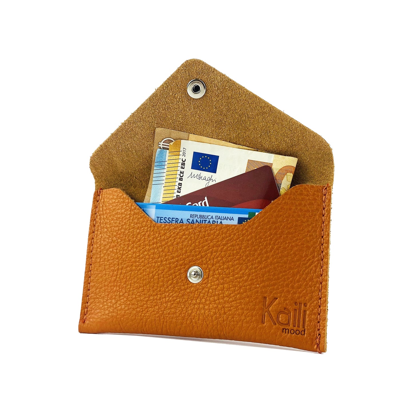 K0040LB | Sachet with flap Made in Italy in genuine full-grain leather, dollar grain - Orange color - Dimensions: 13 x 8 x 0.5 cm - Packaging: Rigid bottom/lid gift box-0