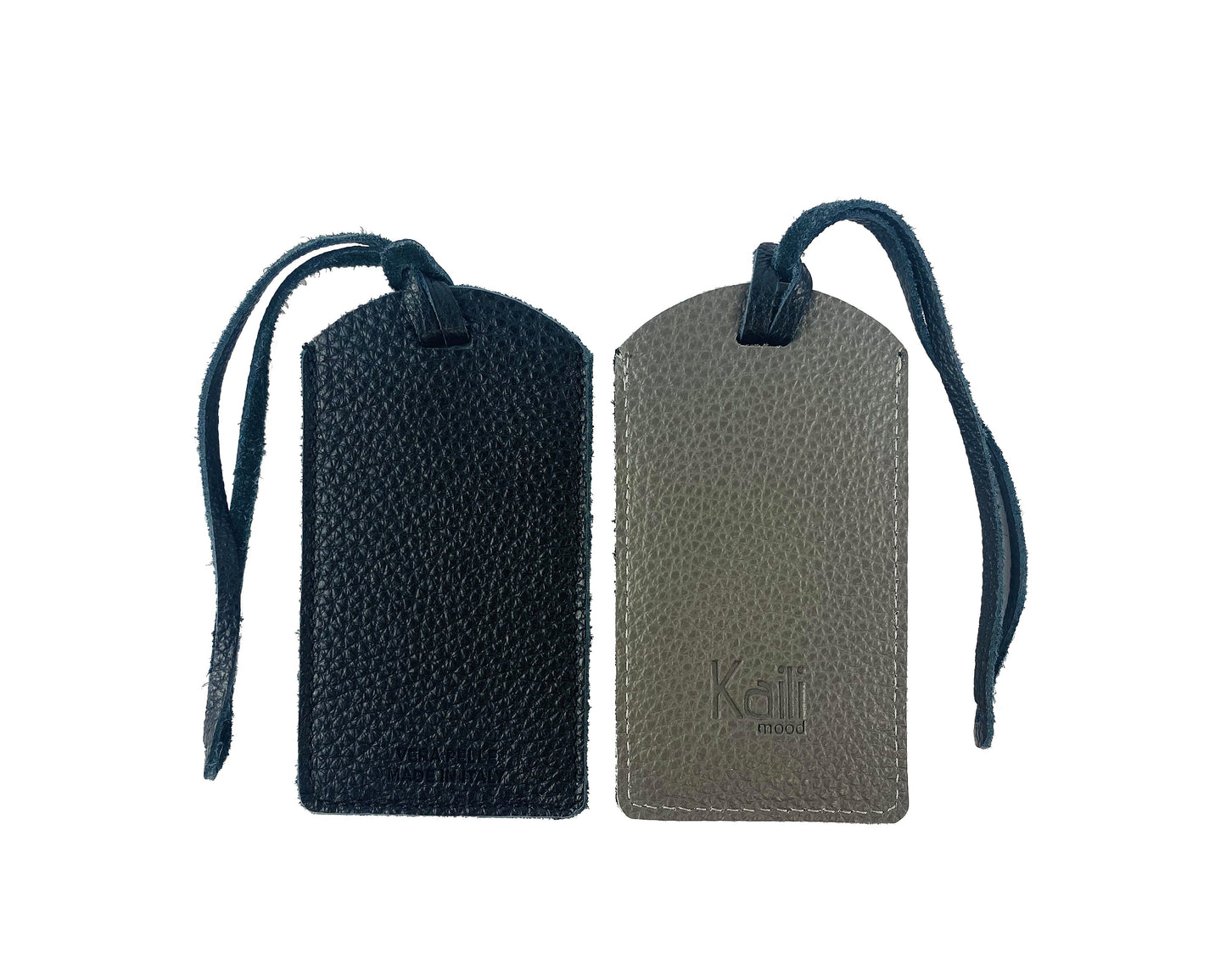 K0041AFB | Targhetta bagaglio Bicolore Made in Italy in Vera Pelle pieno fiore, grana dollaro - Colore Nero/Grigio - Dimensioni: cm 6,5 x 12 - Confezione: Gift Box rigido fondo/coperchio-0