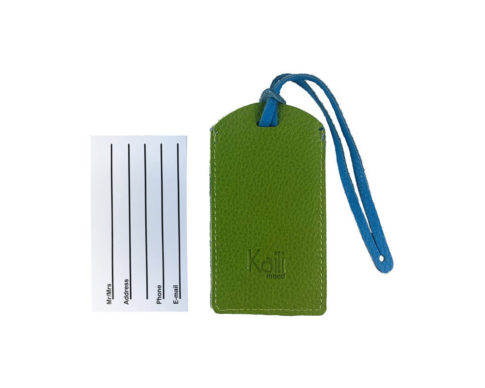 K0041EOB | Two-tone luggage tag Made in Italy in genuine full-grain leather, dollar grain - Green/light blue color - Dimensions: 6.5 x 12 cm - Packaging: Rigid bottom/lid gift box-2