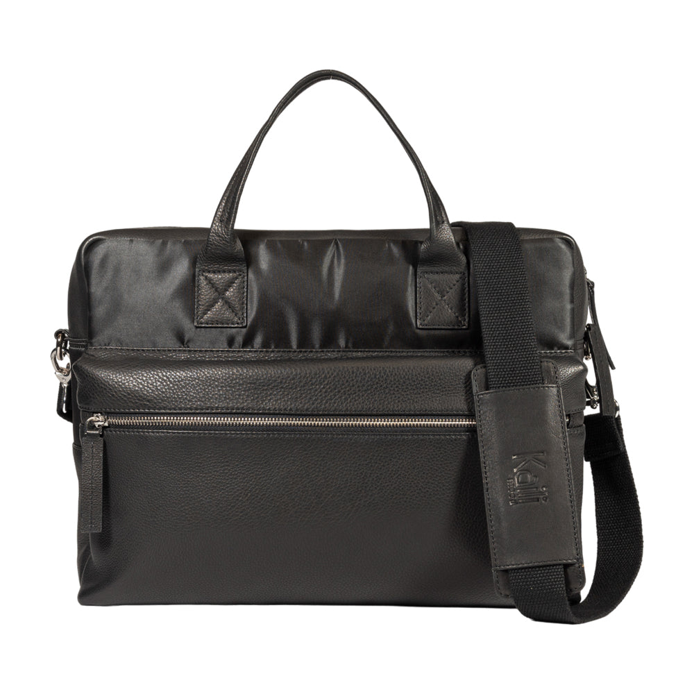 K0043AB | Briefcase in Waterproof Nylon/Genuine full grain leather with light grain - Black color - Internal pouch - Shiny silver accessories - Dimensions 39 x 30 x 12 cm - Packaging: Tnt bag-0