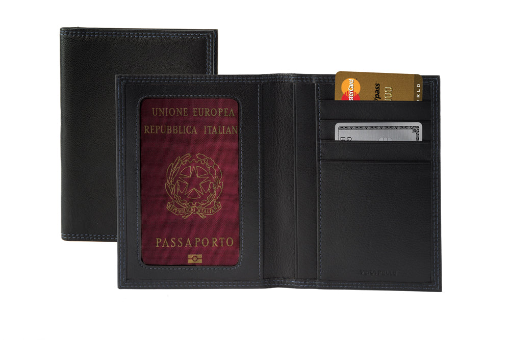 K10122AB | Document + Passport Holder in Genuine Full Grain Leather, dollar/smooth grain. Black colour. Dimensions when closed: 10 x 14 x 1 cm - Packaging: Rigid bottom/lid gift box-1
