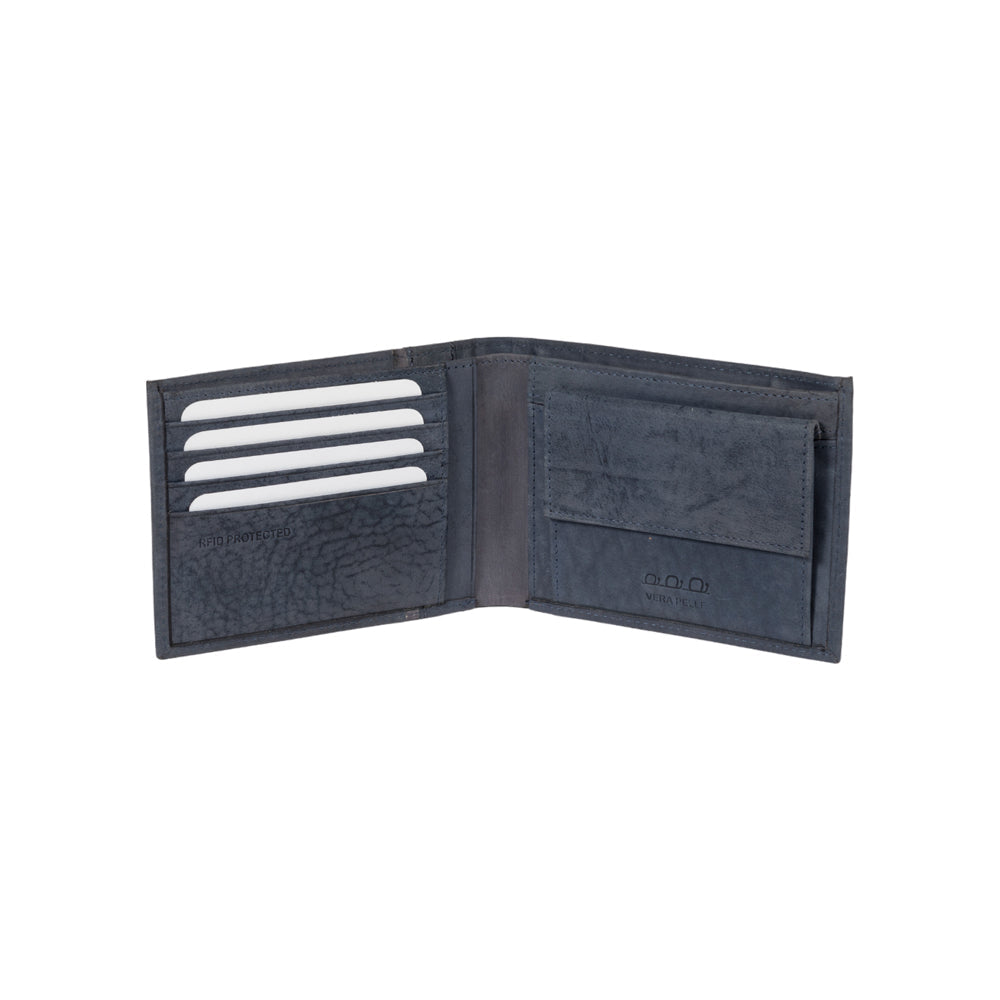 K12203DF | Men's Wallet in Genuine Full Grain Leather, Naked. Blue Color. RFID Protection. Closed Dimensions: 12.5 x 9.5 x 2 cm. Packaging: Gift box bottom/lid-1