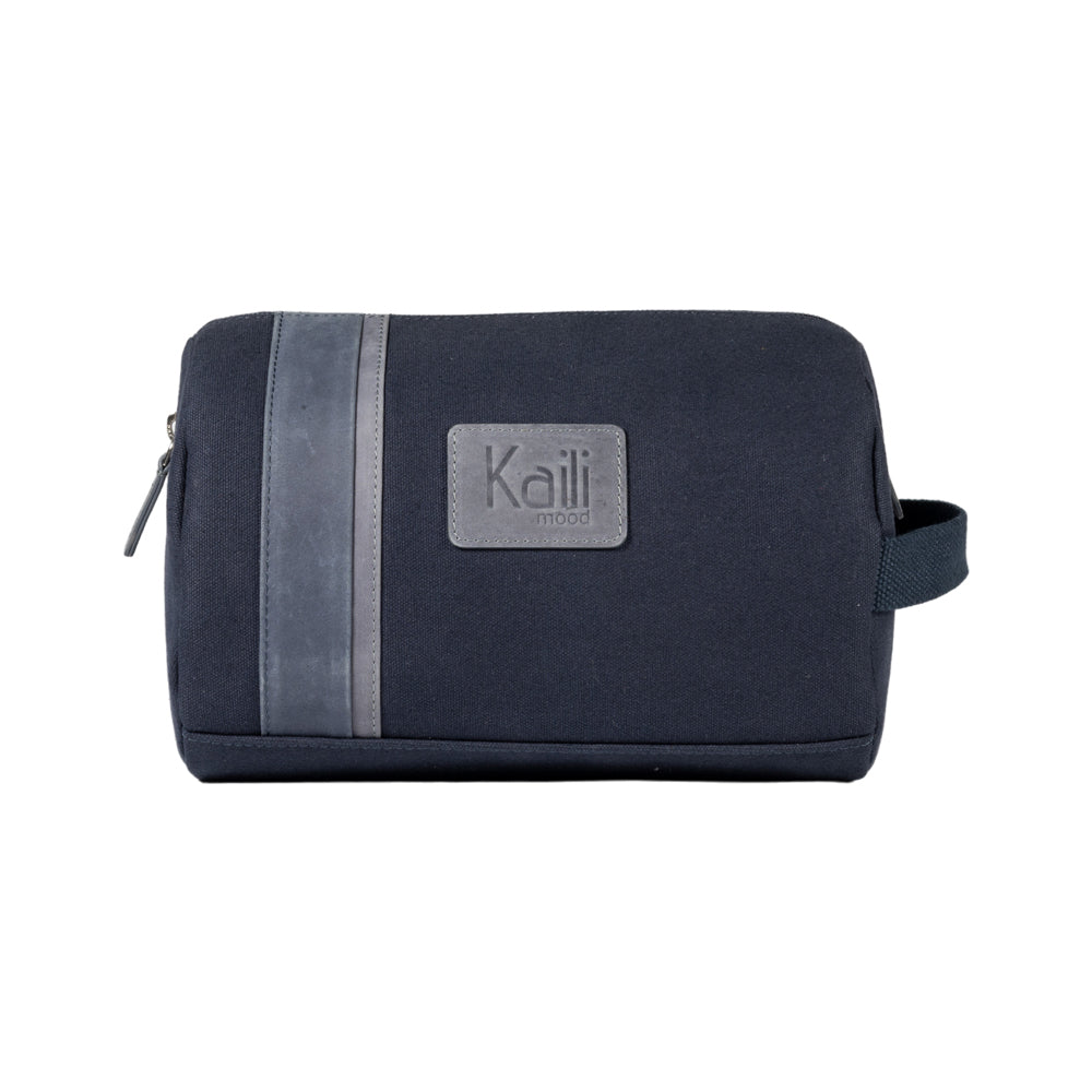 K2005DF | Beauty Case in Canvas 100% Cotton/Genuine Full Grain Leather, Naked. Color Blue. Side handle. Zip closure. Dimensions: cm 25 x 15 x 17. Packaging: Tnt bag-1
