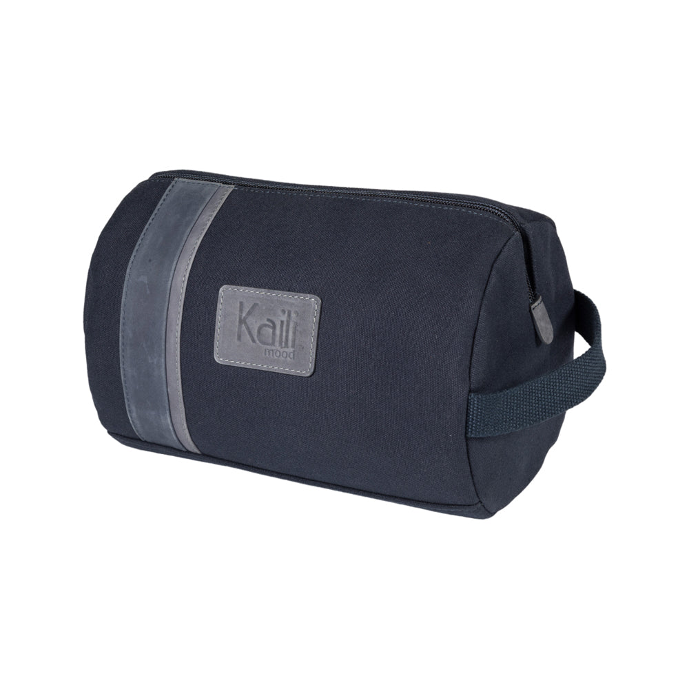 K2005DF | Beauty Case in Canvas 100% Cotton/Genuine Full Grain Leather, Naked. Color Blue. Side handle. Zip closure. Dimensions: cm 25 x 15 x 17. Packaging: Tnt bag-0