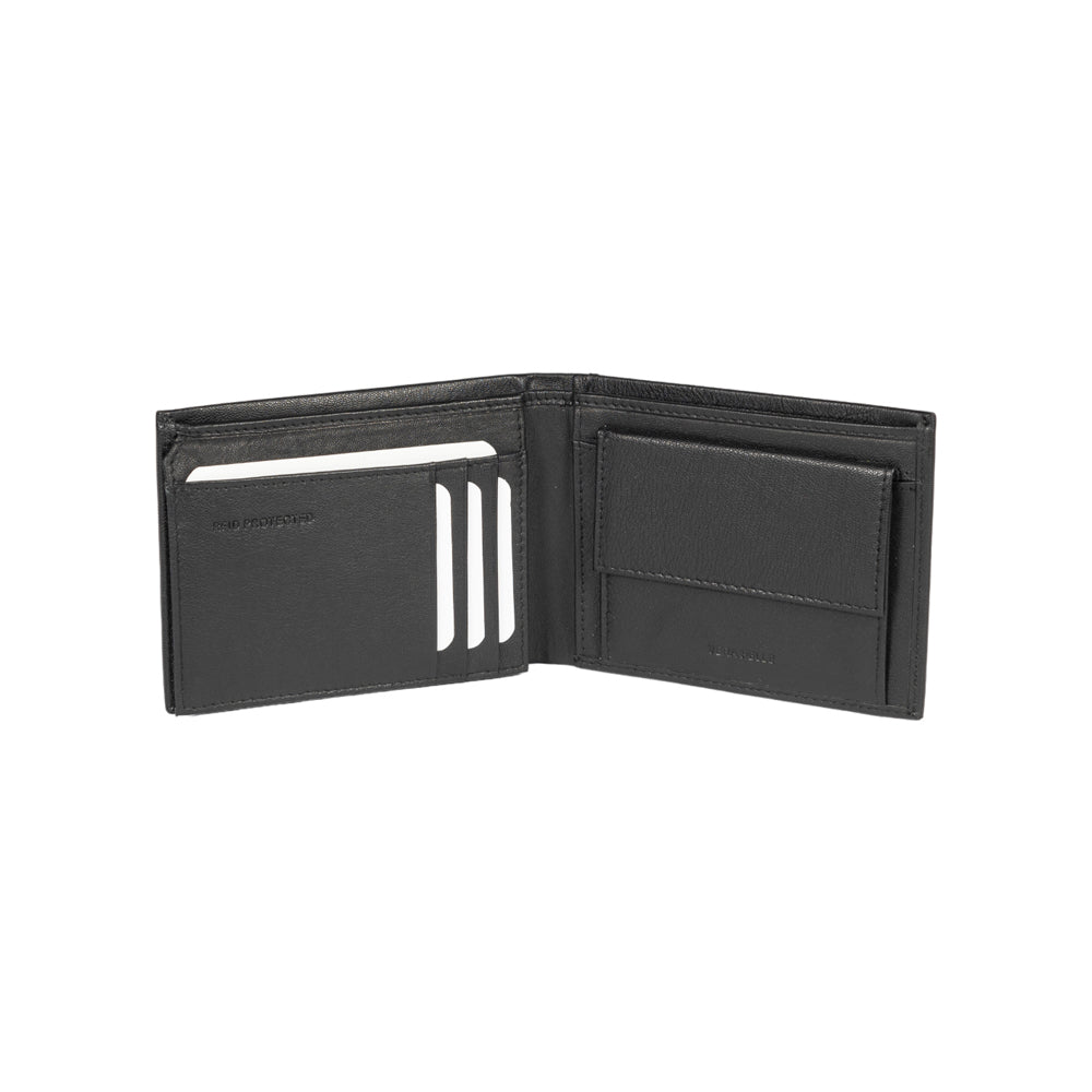 RB12004A | Men's wallet folded in genuine full-grain leather, with light grain. Black color. RFID protection. Closed dimensions: 12.5 x 9.5 x 2 cm. Packaging: Gift box bottom/lid-1