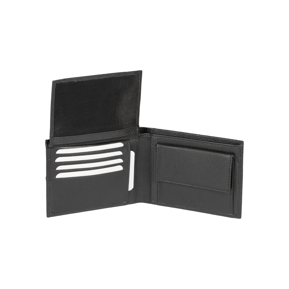 RB12004A | Men's wallet folded in genuine full-grain leather, with light grain. Black color. RFID protection. Closed dimensions: 12.5 x 9.5 x 2 cm. Packaging: Gift box bottom/lid-2