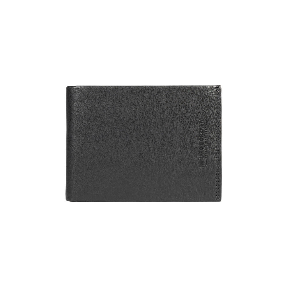 RB12004A | Men's wallet folded in genuine full-grain leather, with light grain. Black color. RFID protection. Closed dimensions: 12.5 x 9.5 x 2 cm. Packaging: Gift box bottom/lid-3