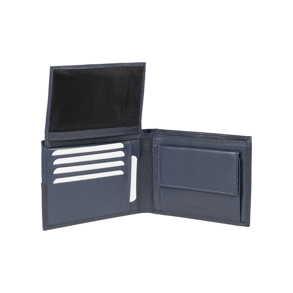 RB12104D | Portafogli Uomo in Vera Pelle pieno fiore, grana dollaro/leggera. Colore Blu. Protezione RFID. Dimensioni da chiuso: cm 12,5 x 9,5 x 2. Confezione: Scatola regalo fondo/coperchio-2