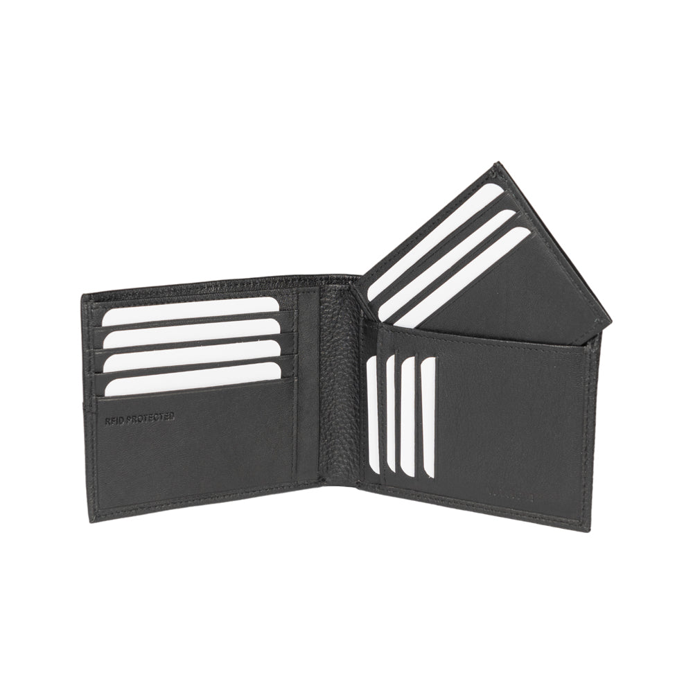 RB12106A | Portafogli Uomo in Vera Pelle pieno fiore, grana dollaro/leggera. Colore Nero. Protezione RFID. Dimensioni da chiuso: cm 12,5 x 9,5 x 2. Confezione: Scatola regalo fondo/coperchio-1