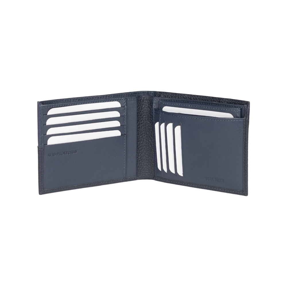 RB12106D | Men's Wallet in Genuine Full Grain Leather, Dollar Grain/Light. Color Blue. RFID Protection. Closed Dimensions: 12.5 x 9.5 x 2 cm. Packaging: Gift box bottom/lid-1