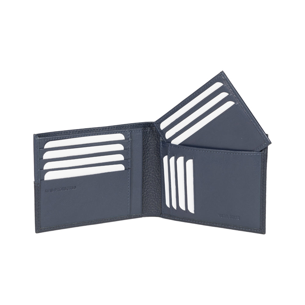 RB12106D | Men's Wallet in Genuine Full Grain Leather, Dollar Grain/Light. Color Blue. RFID Protection. Closed Dimensions: 12.5 x 9.5 x 2 cm. Packaging: Gift box bottom/lid-2