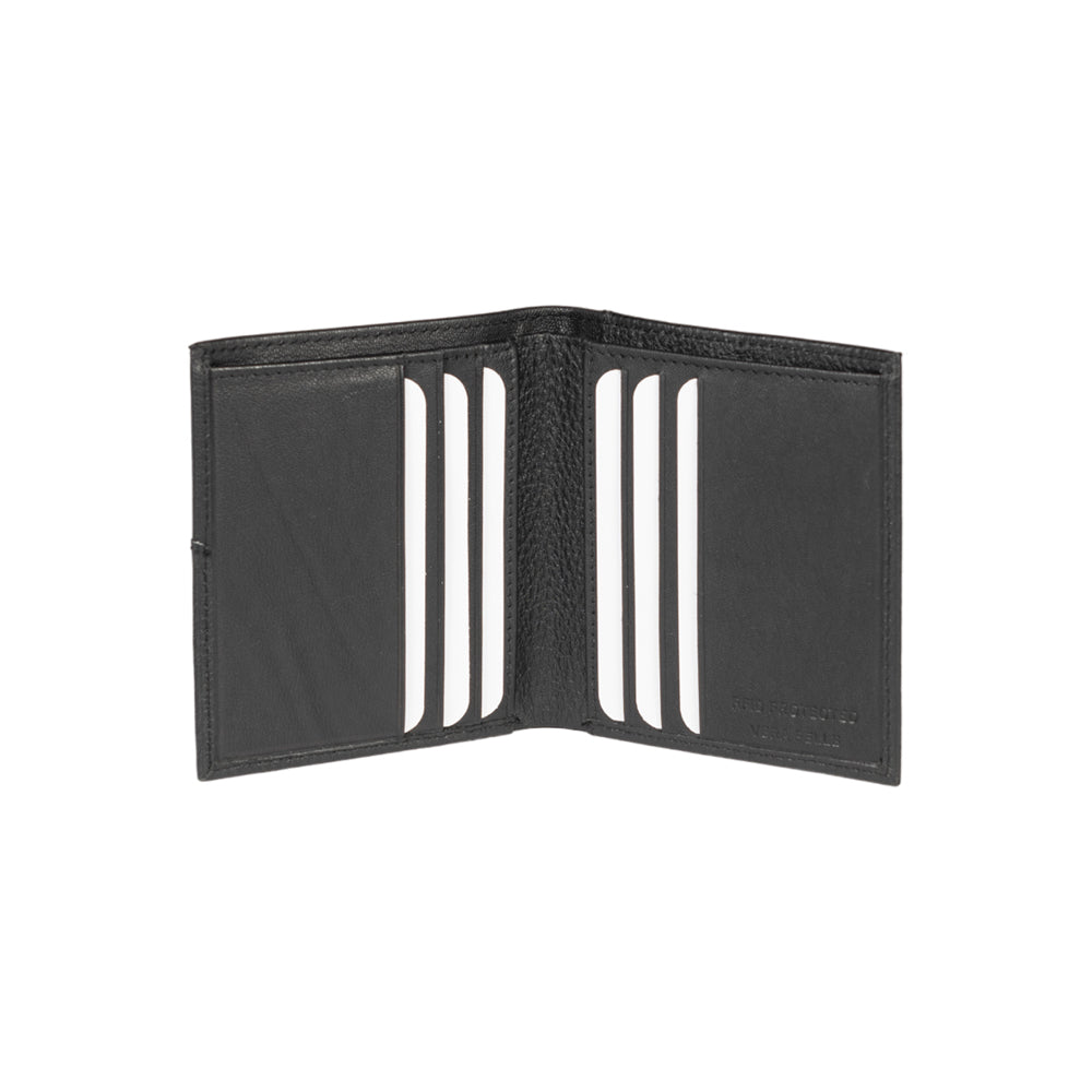 RB12113A | Portafogli Verticale in Vera Pelle pieno fiore, grana dollaro/leggera. Colore Nero. Protezione RFID. Dimensioni da chiuso: cm 9,5 x 10 x 1. Confezione: Scatola regalo fondo/coperchio-1