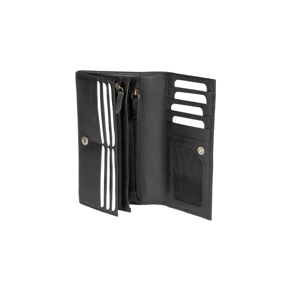 RB12129A | Women's Wallet in Genuine Full Grain Leather, Dollar Grain/Light. Black Color. RFID Protection. Closed Dimensions: 18.5 x 10 x 3 cm. Packaging: Gift box bottom/lid-1