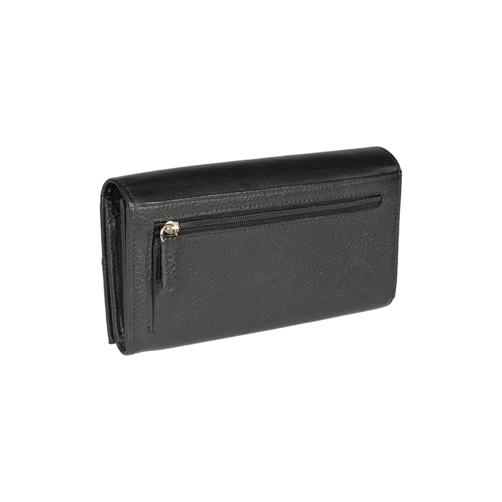 RB12129A | Women's Wallet in Genuine Full Grain Leather, Dollar Grain/Light. Black Color. RFID Protection. Closed Dimensions: 18.5 x 10 x 3 cm. Packaging: Gift box bottom/lid-3