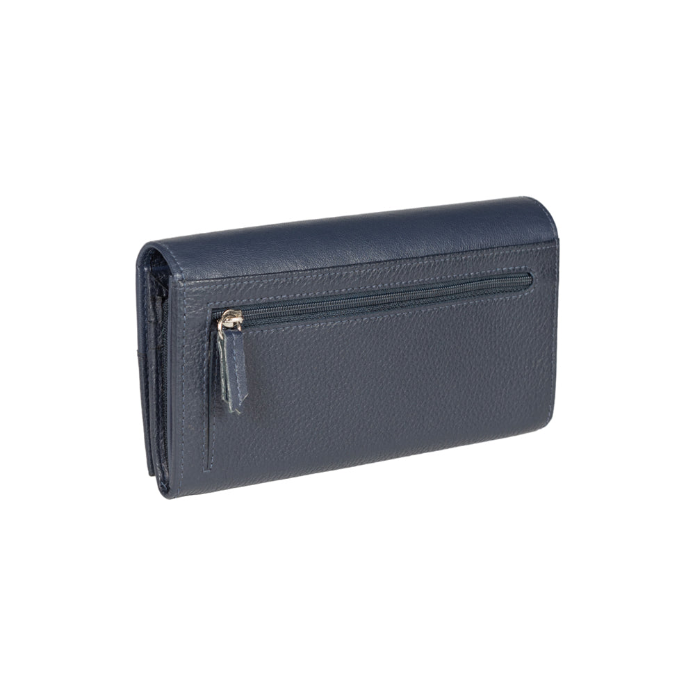 RB12129D | Women's Wallet in Genuine Full Grain Leather, Dollar Grain/Light. Color Blue. RFID Protection. Closed Dimensions: 18.5 x 10 x 3 cm. Packaging: Gift box bottom/lid-3