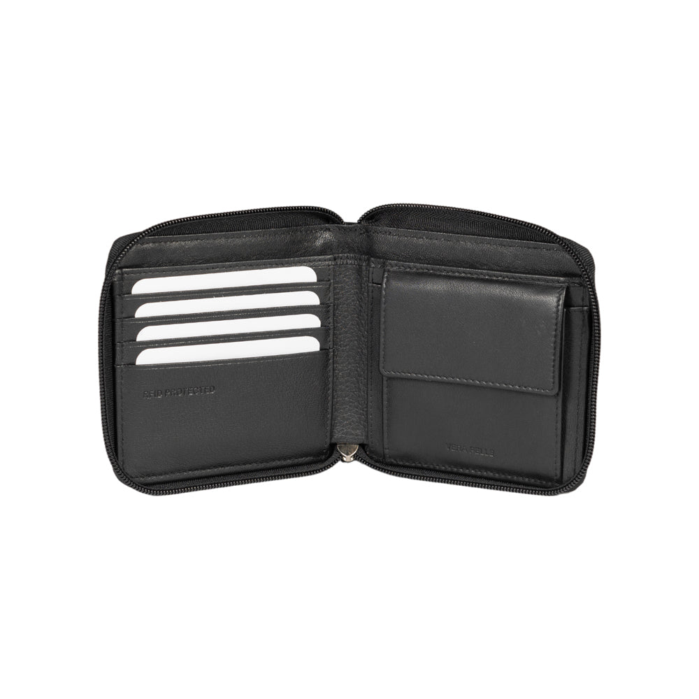 RB12175A | Zip Around Wallet in Genuine Full Grain Leather, Dollar Grain/Light. Color Black. RFID Protection. Closed Dimensions: 11.5 x 10.5 x 2 cm. Packaging: Gift Box Bottom/Lid-1