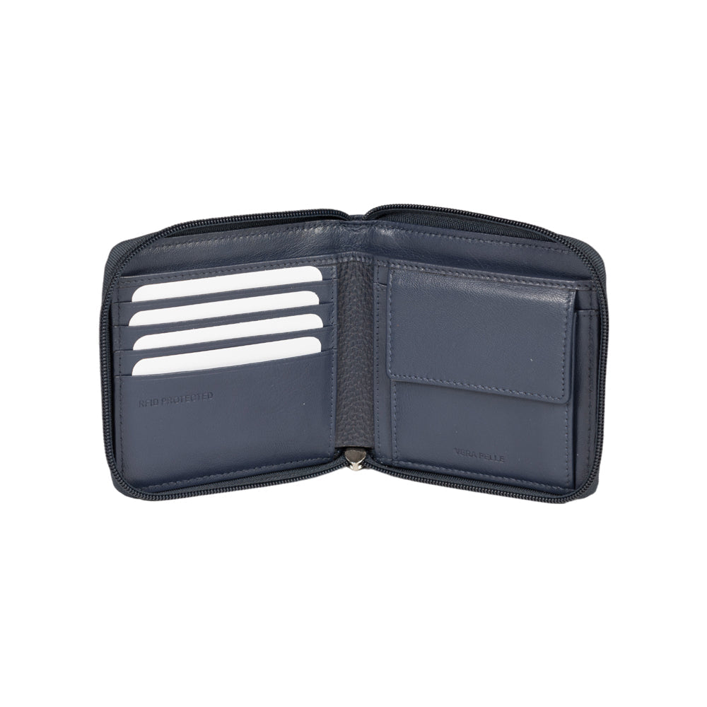 RB12175D | Zip Around Wallet in Genuine Full Grain Leather, Dollar Grain/Light. Color Blue. RFID Protection. Closed Dimensions: 11.5 x 10.5 x 2 cm. Packaging: Gift Box Bottom/Lid-1