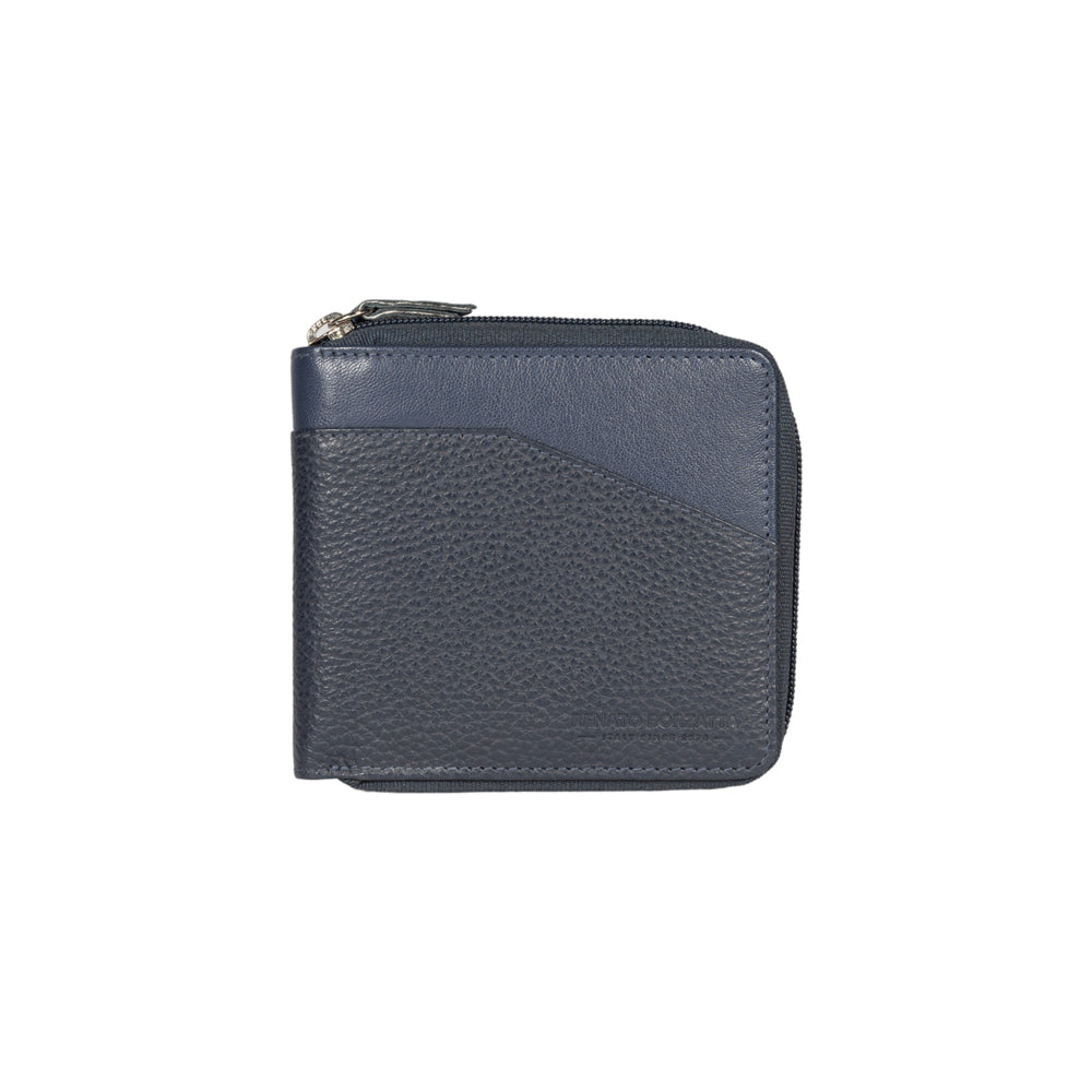 RB12175D | Zip Around Wallet in Genuine Full Grain Leather, Dollar Grain/Light. Color Blue. RFID Protection. Closed Dimensions: 11.5 x 10.5 x 2 cm. Packaging: Gift Box Bottom/Lid-2