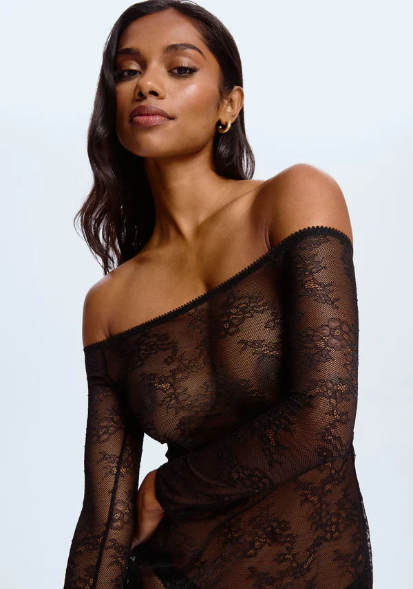 Sheer Lace Off-Shoulded Maxi Dress Blush Cascade Black-4