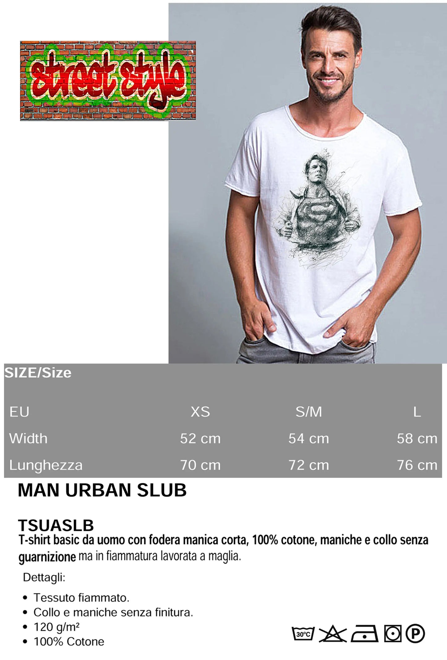 Superman Artistico Stilizzato Super Eroi 18-43 T-shirt Urban Slub Men Uomo 100% Cotone Fiammato JK STREET STYLE