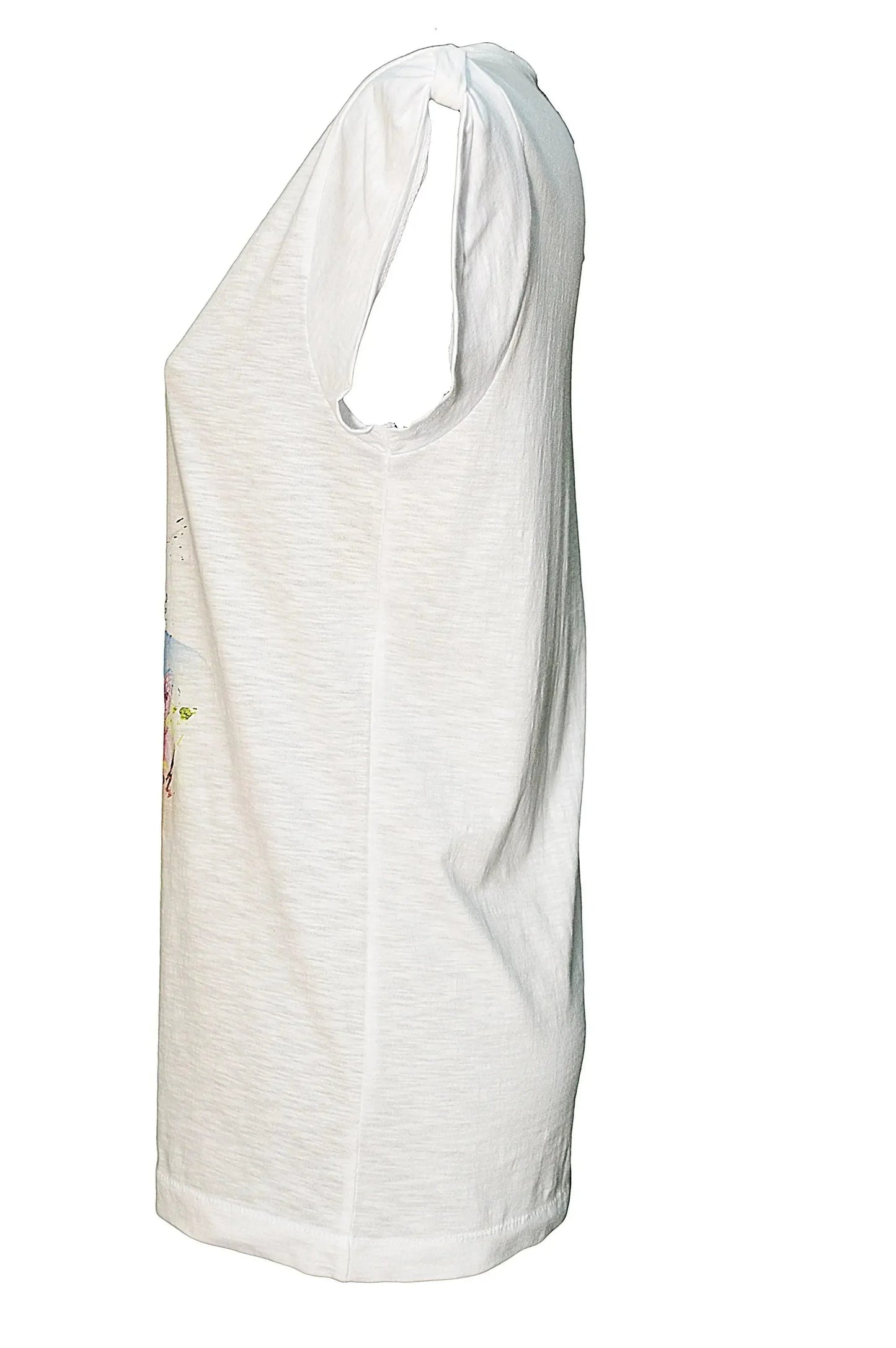 T-shirt donna bianca in cotone fiammato, vista laterale, street style urban moda.