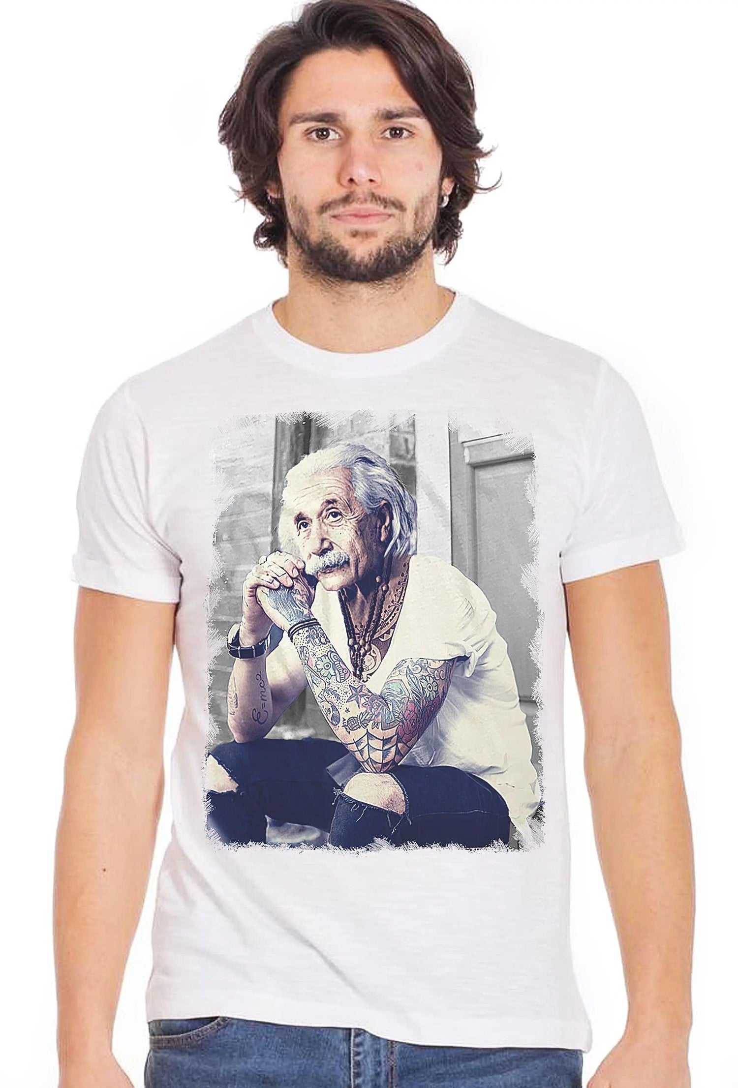 Genius Einstein Tatuato Color & Grey 18-84 T-Shirt Urban Men Uomo 100% Cotone Fiammato STREET STYLE