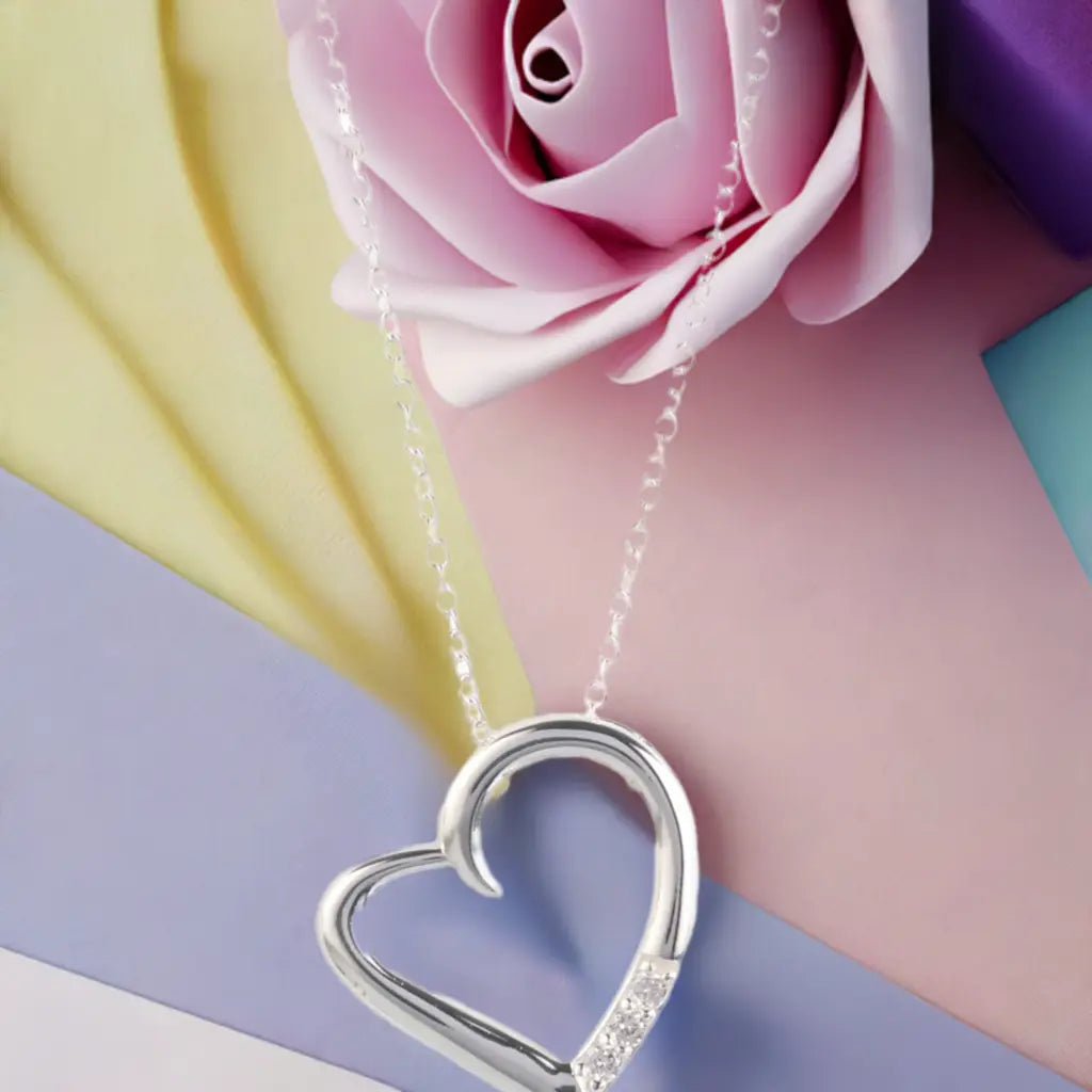 14K Silver Plated Necklace Love Heart Pave Pendant Necklace-3