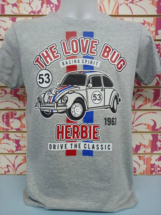 T-shirt streetwear grigia in cotone con stampa Herbie, auto vintage e scritte colorate stile urban.