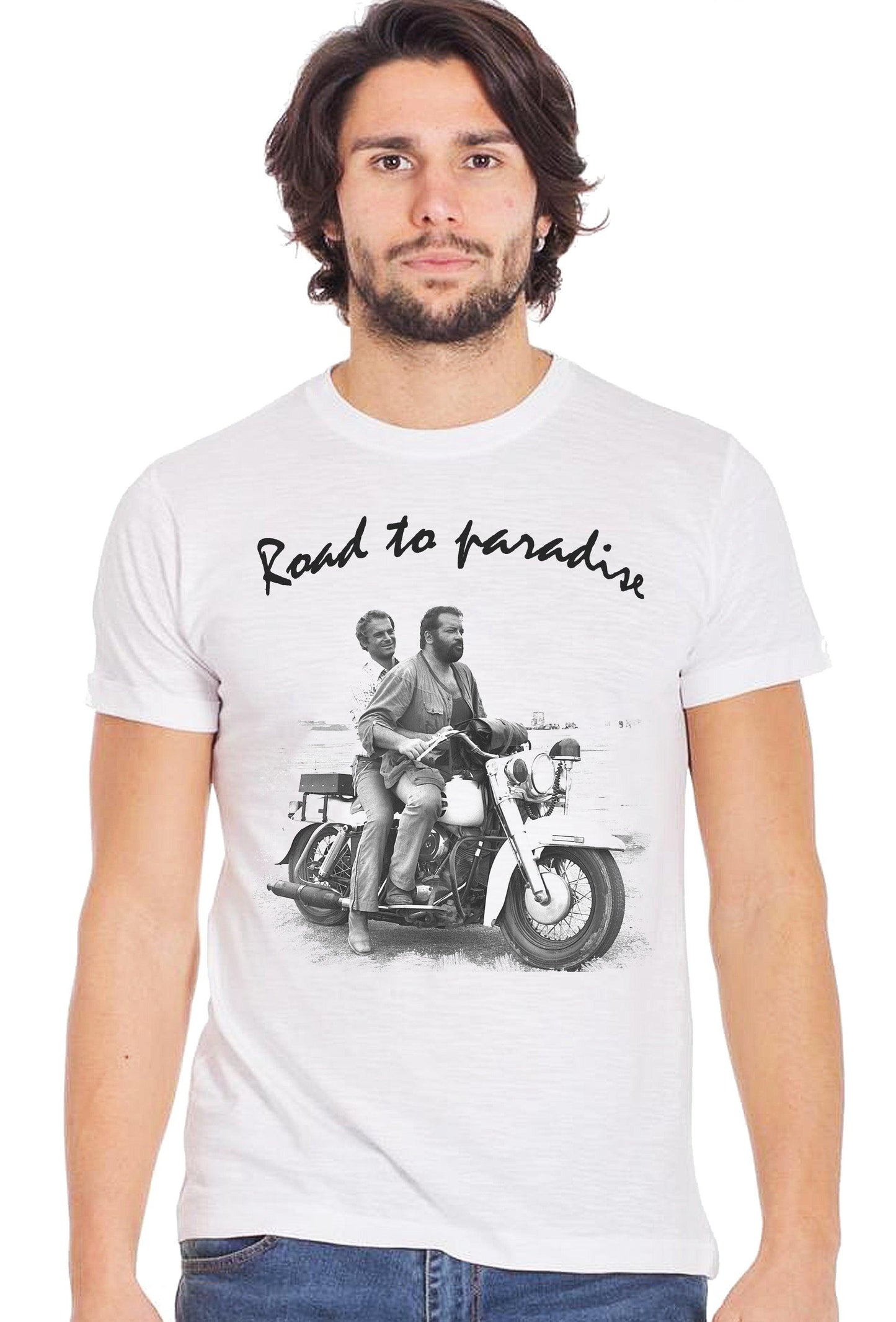 Bud Spencer e Terence Hill The Legend Road to paradise Su Moto Art. 18-70-5 T-Shirt Urban Men Uomo 100% Cotone Fiammato STREET STYLE