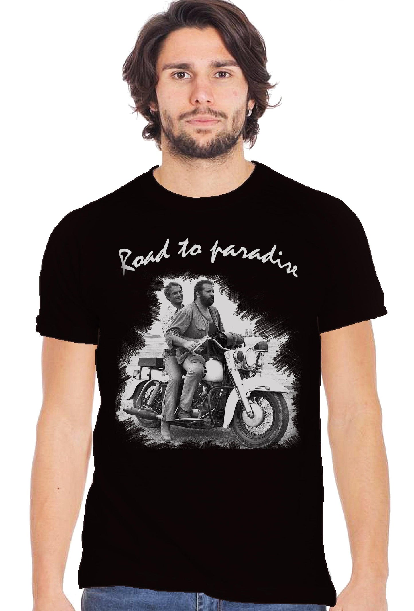 Bud Spencer e Terence Hill The Legend Road to paradise Su Moto Art. 18-70-5 T-Shirt Urban Men Uomo 100% Cotone Fiammato STREET STYLE