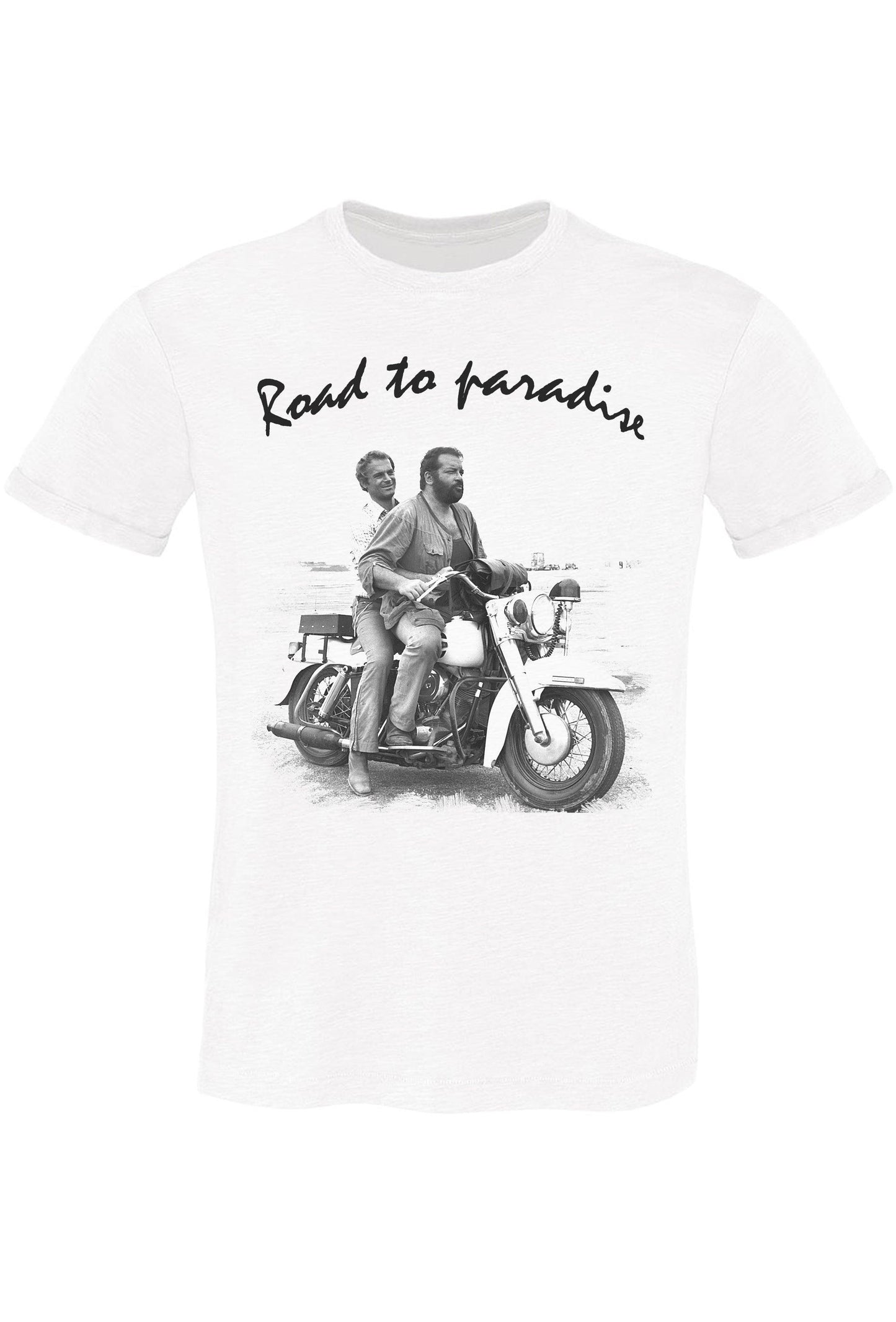 Bud Spencer e Terence Hill The Legend Road to paradise Su Moto Art. 18-70-5 T-Shirt Urban Men Uomo 100% Cotone Fiammato STREET STYLE