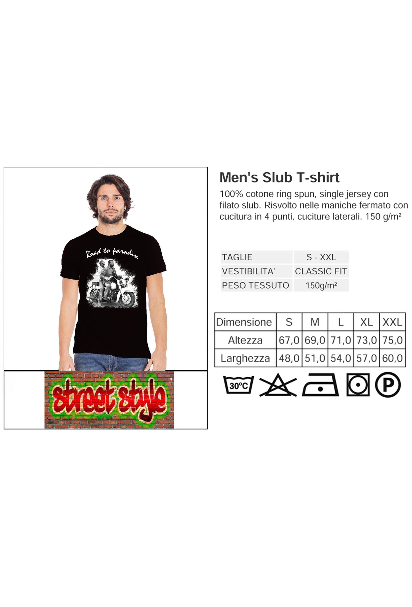 Bud Spencer e Terence Hill The Legend Road to paradise Su Moto Art. 18-70-5 T-Shirt Urban Men Uomo 100% Cotone Fiammato STREET STYLE