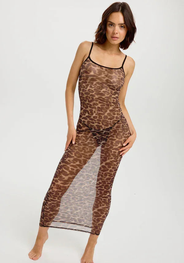 Sheer Mesh Stretch Maxi Dress Blush The Mesh Leopard - STREET STYLE