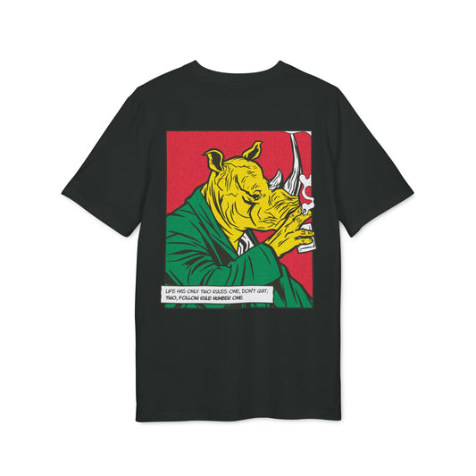 Rhinoceros drinking Whiskey - Comic Mafia - Premium Bio Unisex T-Shirt - Back Print-0
