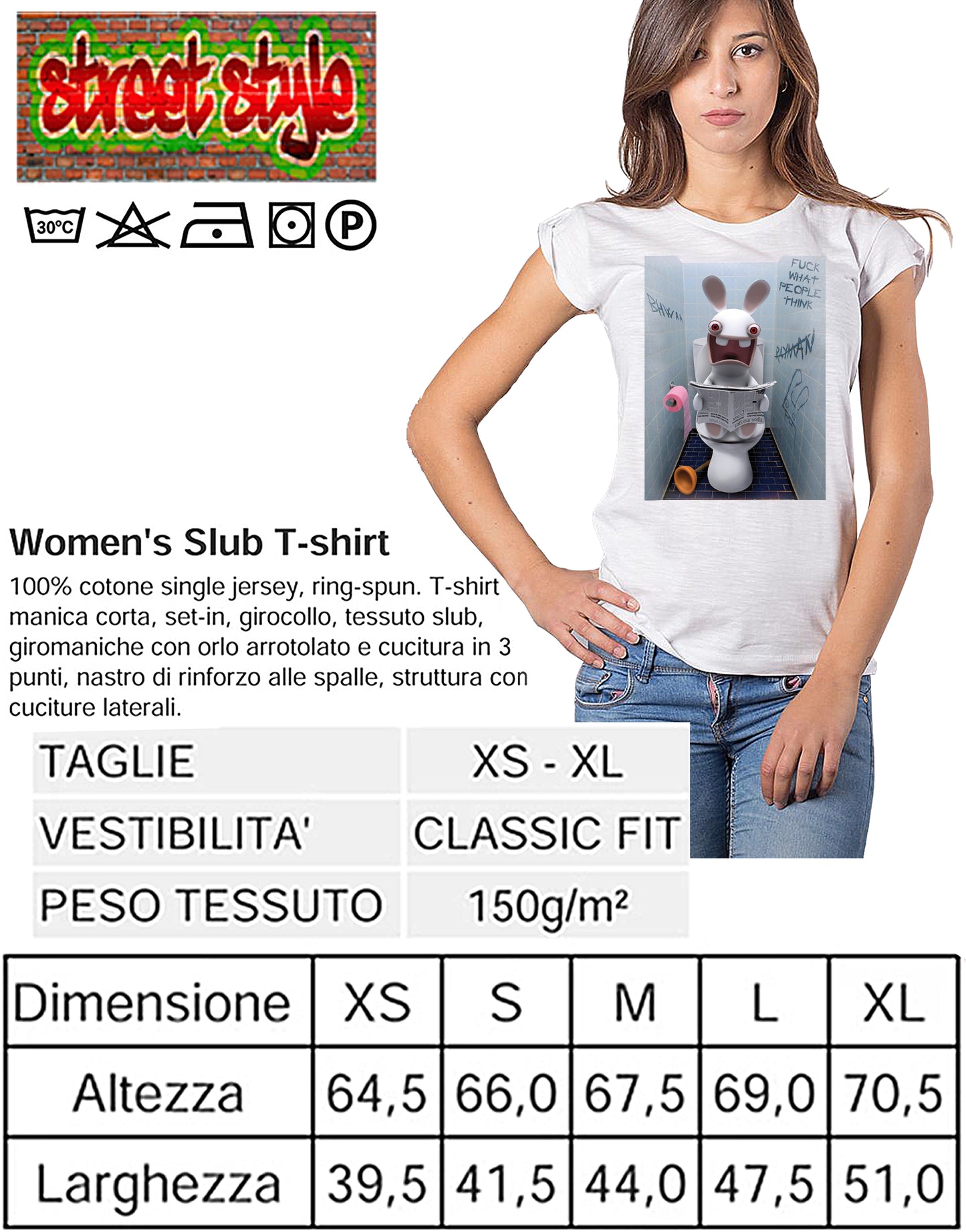 Rayman Raving Rabbids Scerzoso Cartoon 2044 Moda Urban Slub Lady Donna 100% Cotone Fiammato BS