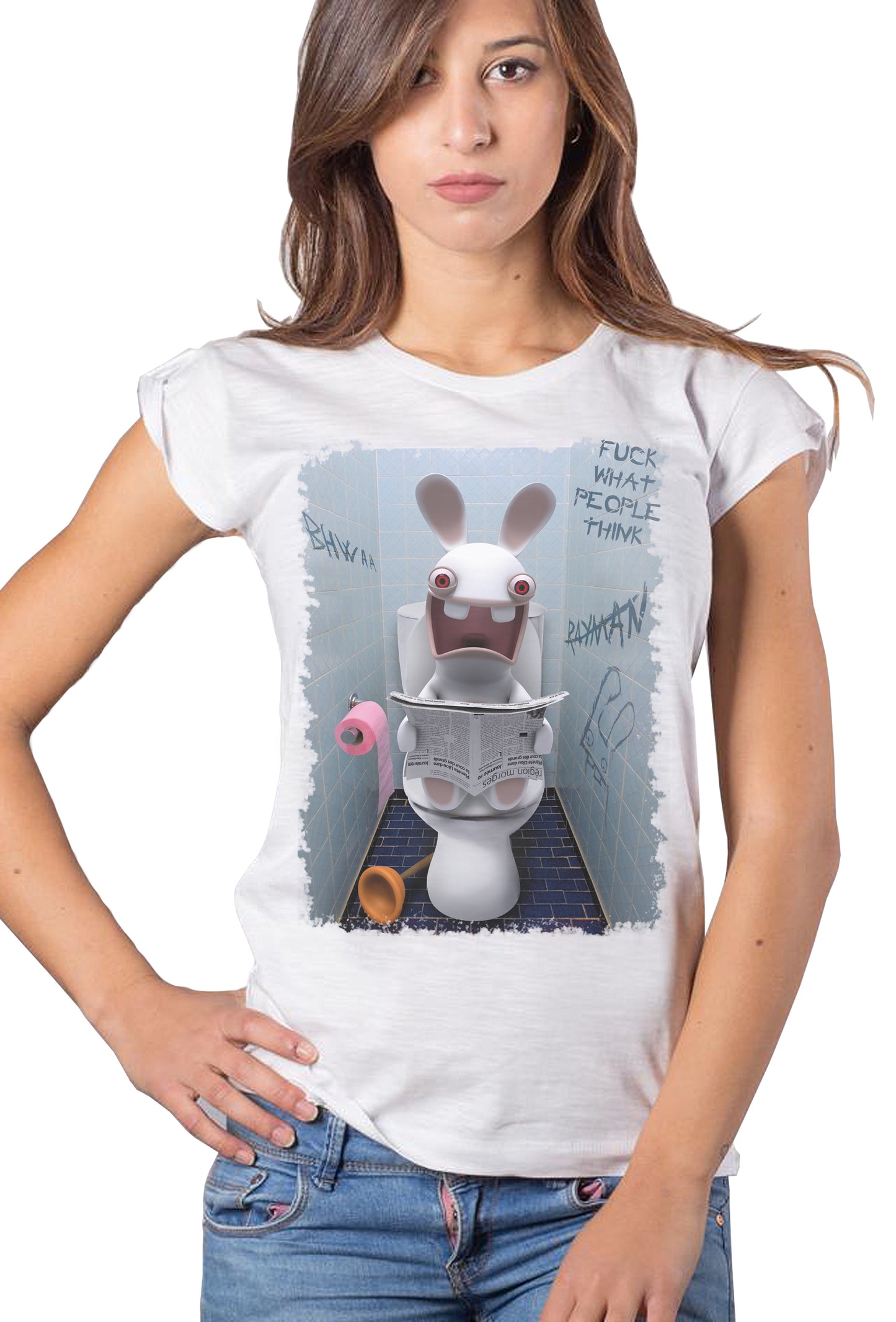 Rayman Raving Rabbids Scerzoso Cartoon 2044 Moda Urban Slub Lady Donna 100% Cotone Fiammato BS