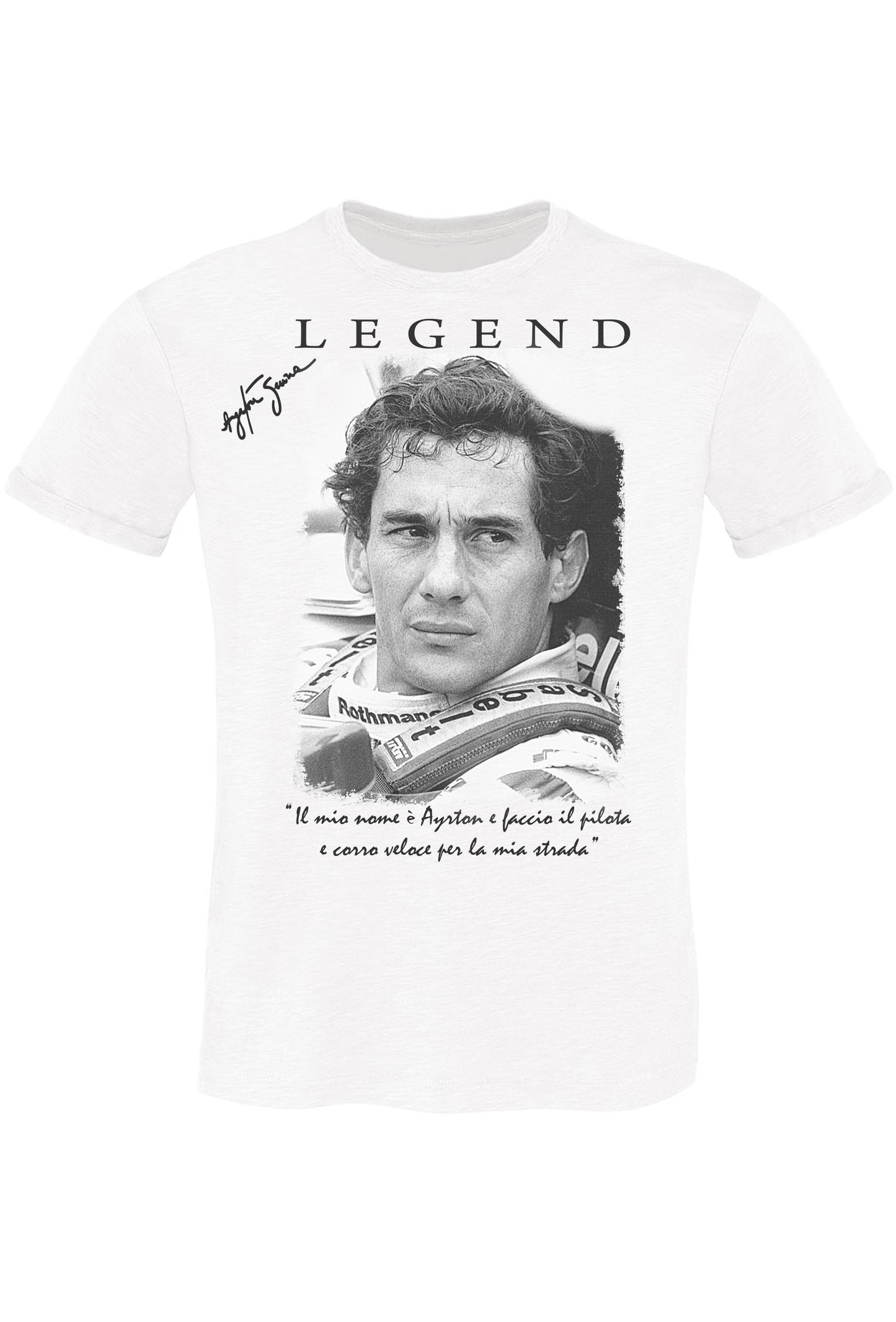 The Legend Ayrton Senna con la Sua Firma Art. 11001 T-Shirt Urban Men Uomo 100% Cotone Fiammato BS