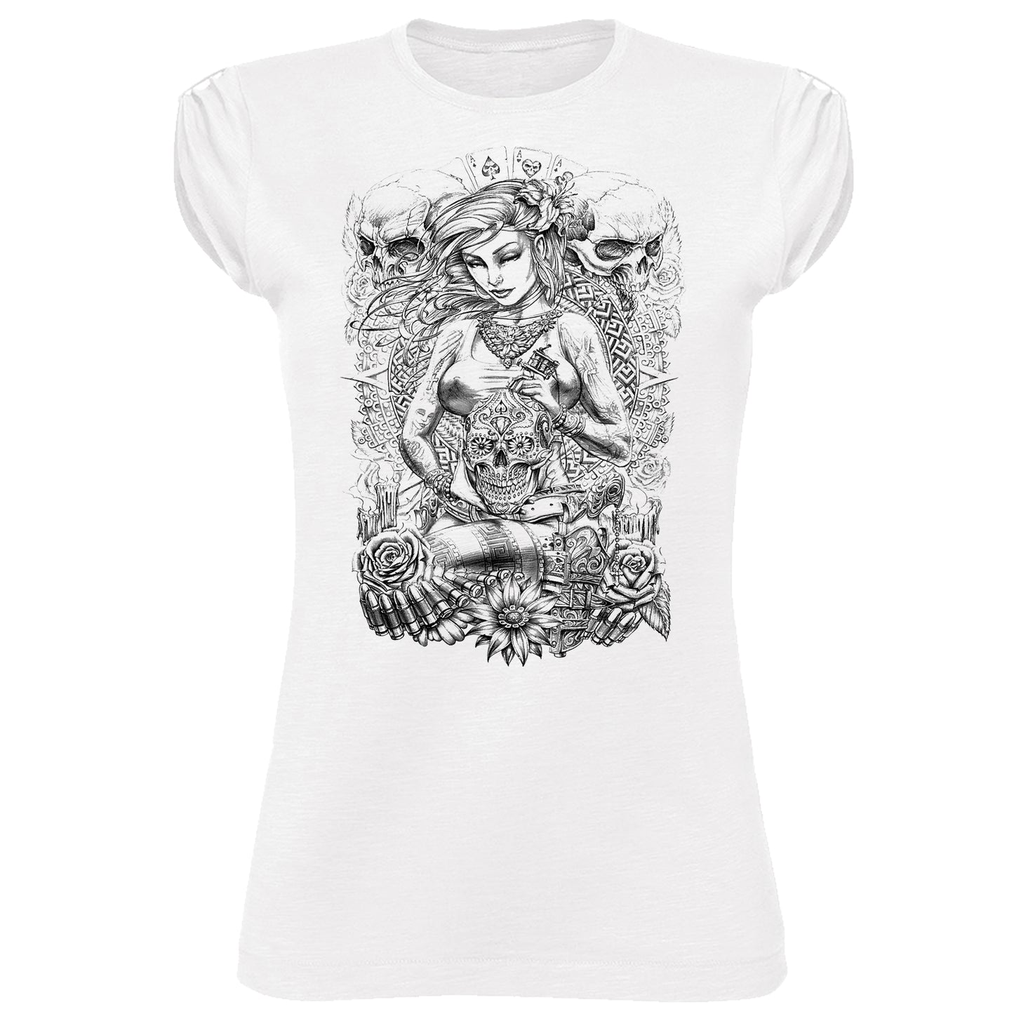 Girl Skull Design Stilizzato Tattoo 9001 Lady Donna 100% Cotone Pettinato JK