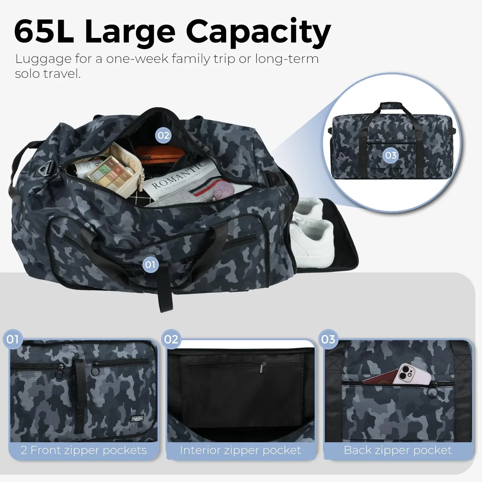 Fmeida 65L Unisex Adult Travel Duffel Bag, Large Gym Bag with Shoe Compartment and Shoulder Strap, Waterproof Duffel Bag Sports Bag, Black, Duffel bag with shoe compartment - STREET STYLE